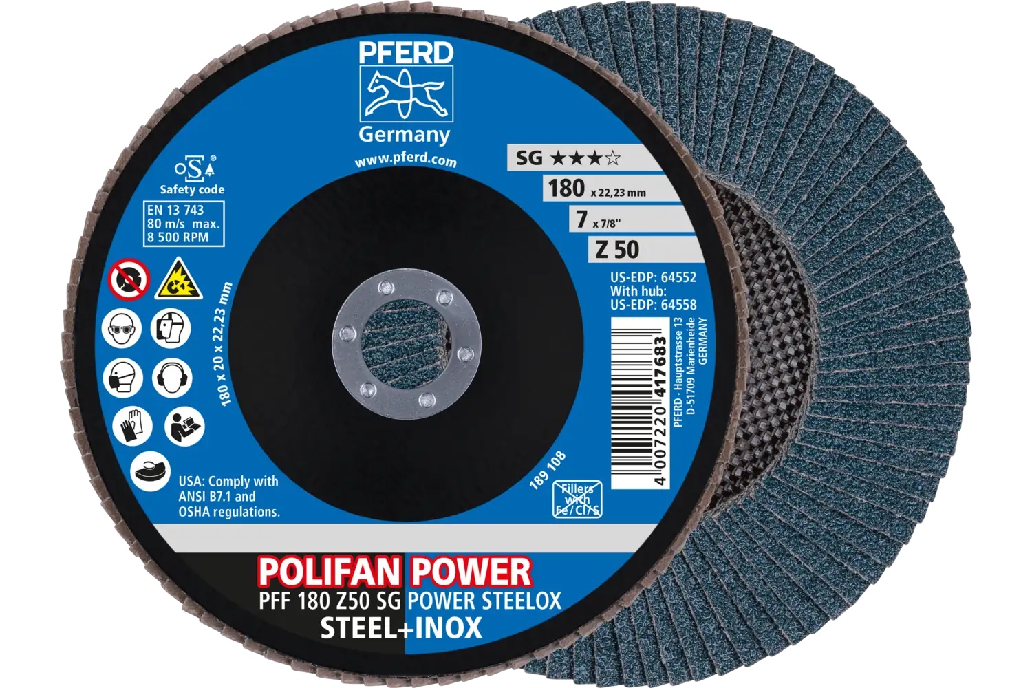 Picture of Pferd Flap Disc, 7" x 7/8, Z SG Power Steelox, 50 Grit, T27, Flat, Zirconia